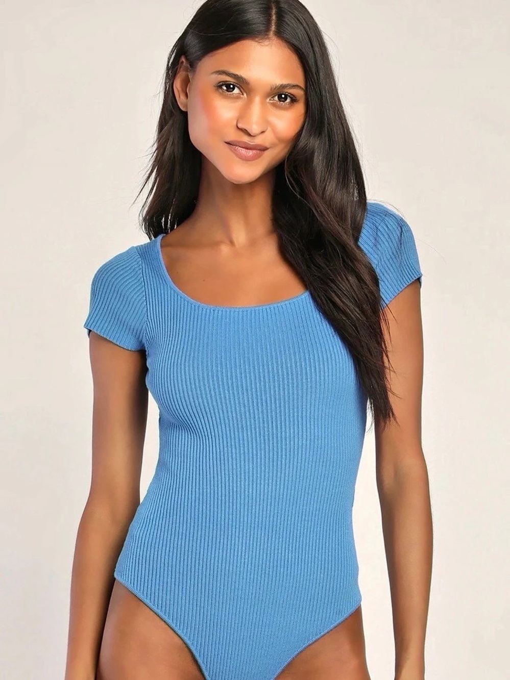 Lulus Dibs On It Light Blue Ribbed Short Sleeve Cutout Bodysuit Cutout Bodysuit